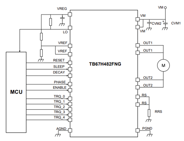 アプリケーション回路図 - Toshiba TB67H482FNGシングルHブリッジブラシ付きモータードライバIC